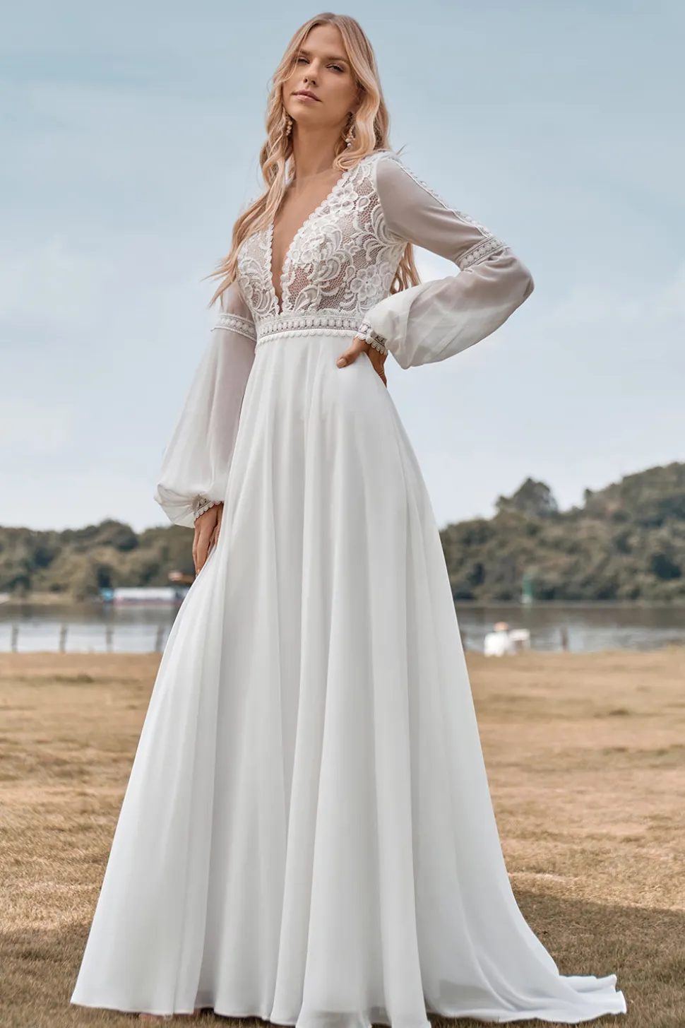 Mangas Longas Marfim Uma Linha Vestido de Noiva com Renda