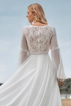 Mangas Longas Marfim Uma Linha Vestido de Noiva com Renda