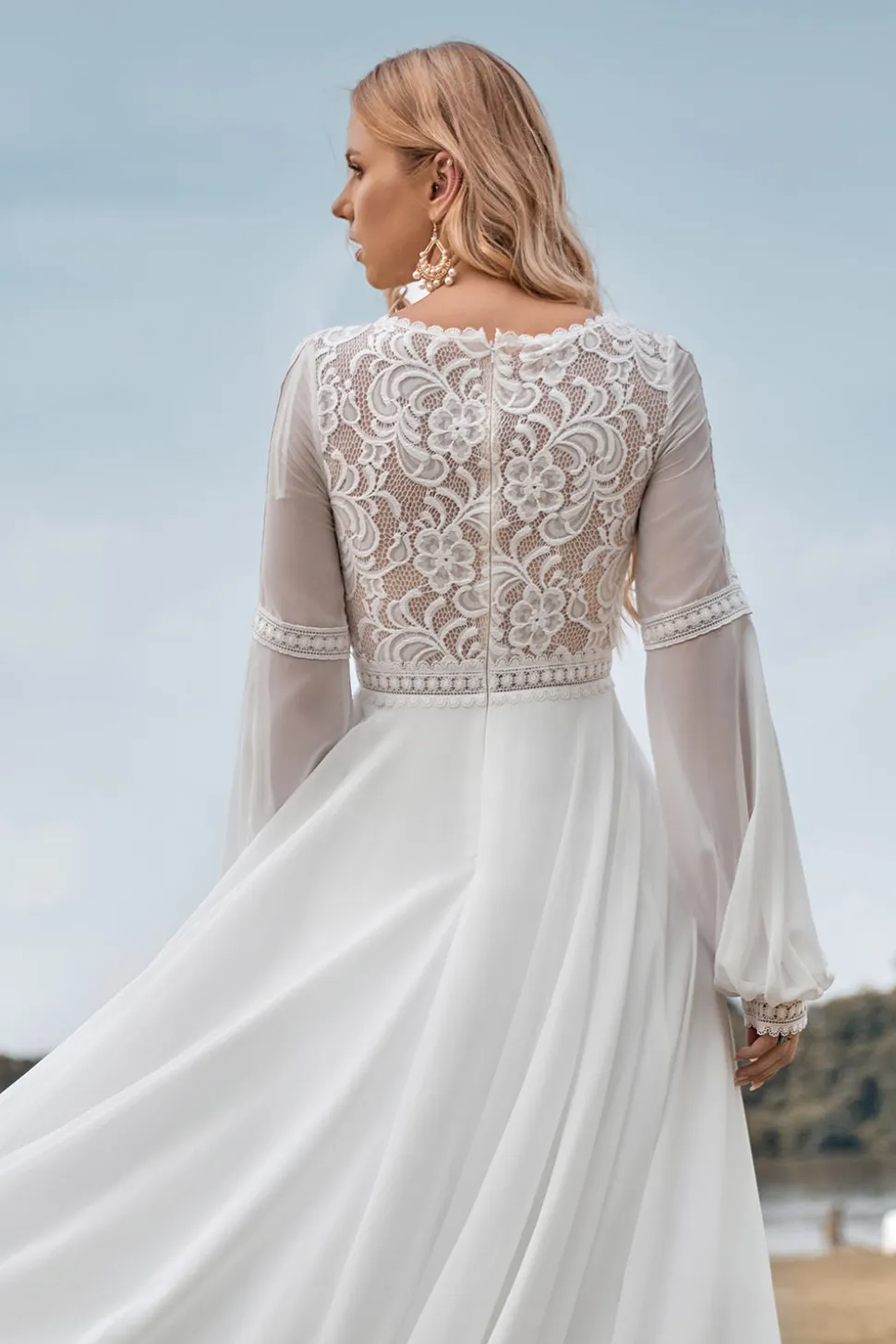 Mangas Longas Marfim Uma Linha Vestido de Noiva com Renda
