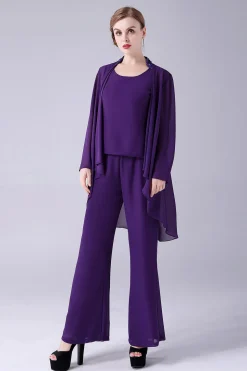 Mangas Longas Roxas 3 Peças Mãe da Noiva Pant Suits