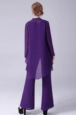 Mangas Longas Roxas 3 Peças Mãe da Noiva Pant Suits
