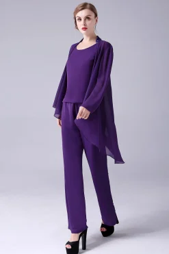 Mangas Longas Roxas 3 Peças Mãe da Noiva Pant Suits