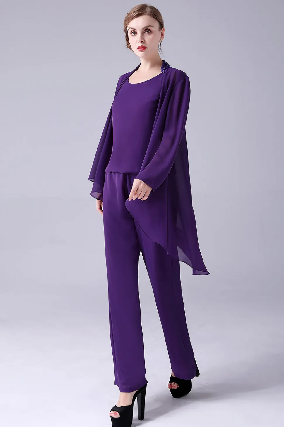 Mangas Longas Roxas 3 Peças Mãe da Noiva Pant Suits