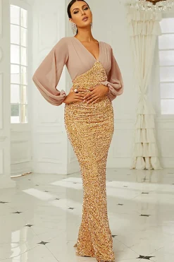 Mangas Longas Sequins Douradas Mãe do Vestido da Noiva
