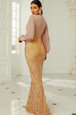Mangas Longas Sequins Douradas Mãe do Vestido da Noiva