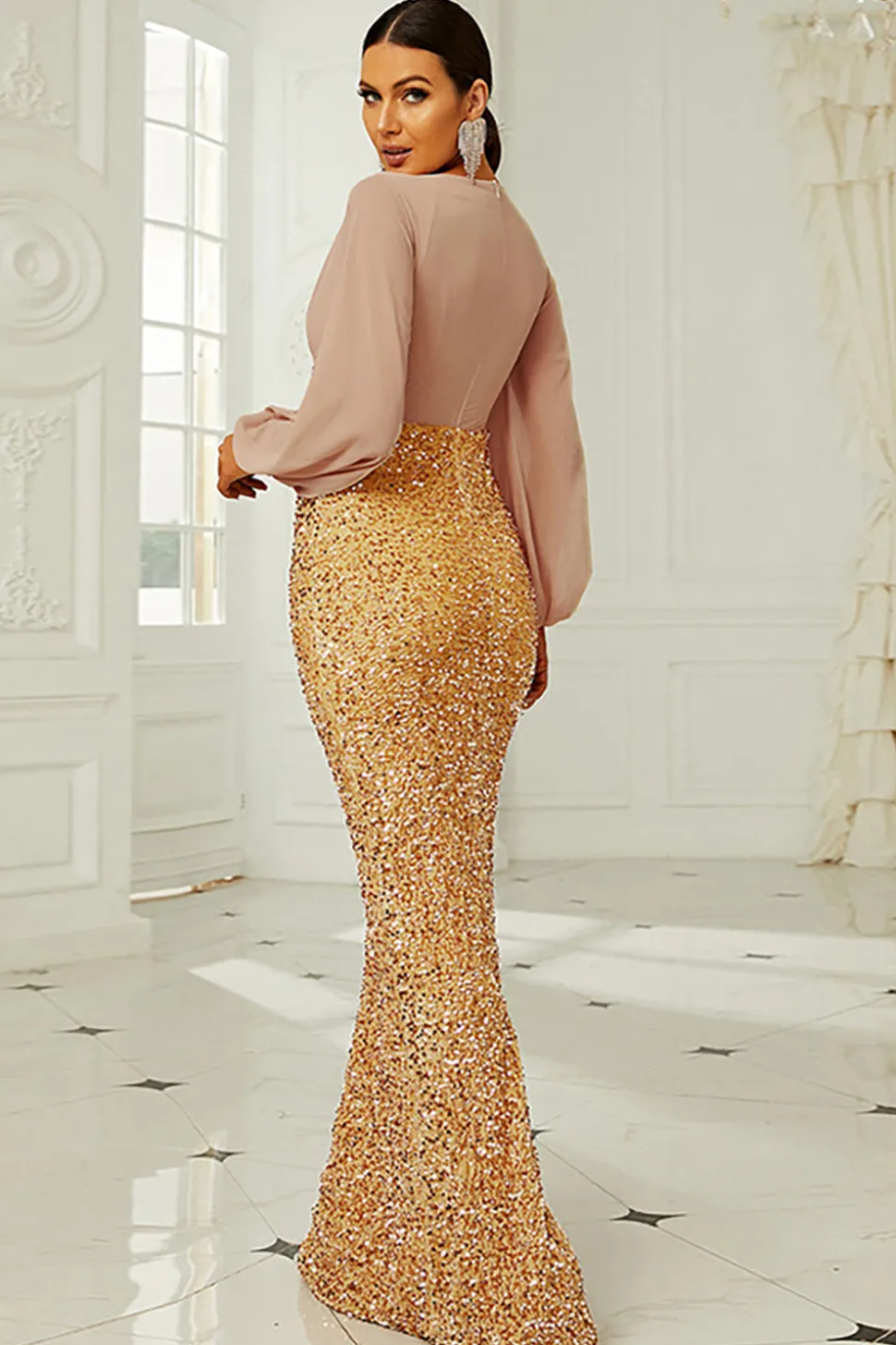 Mangas Longas Sequins Douradas Mãe do Vestido da Noiva