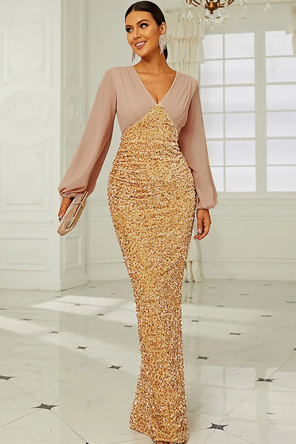 Mangas Longas Sequins Douradas Mãe do Vestido da Noiva