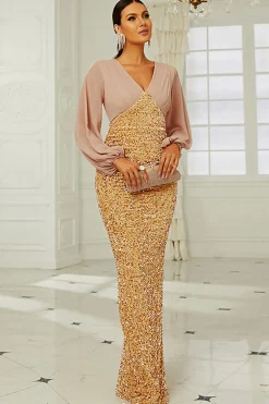 Mangas Longas Sequins Douradas Mãe do Vestido da Noiva