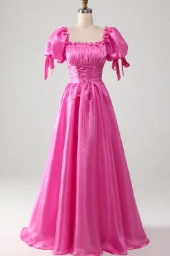 Mangas Puff Hot Pink Prom Dress com Folhos