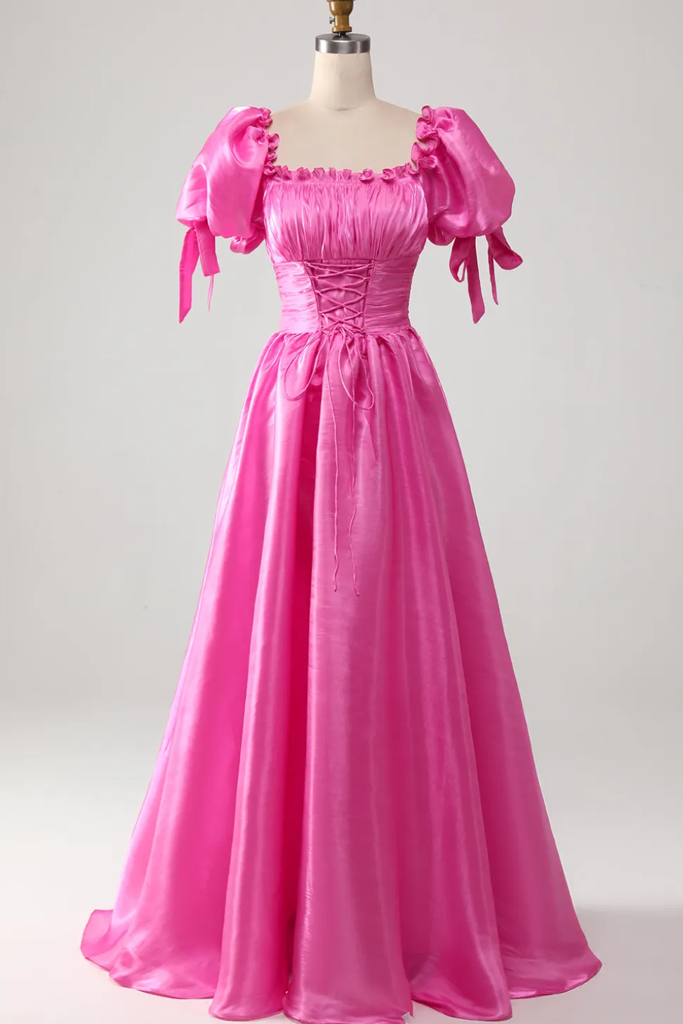 Mangas Puff Hot Pink Prom Dress com Folhos