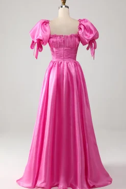 Mangas Puff Hot Pink Prom Dress com Folhos