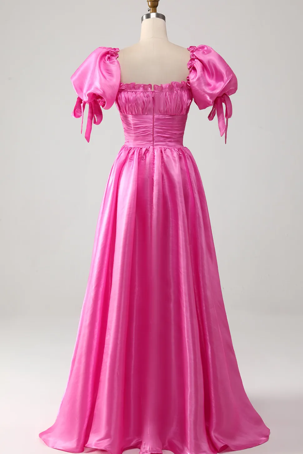 Mangas Puff Hot Pink Prom Dress com Folhos