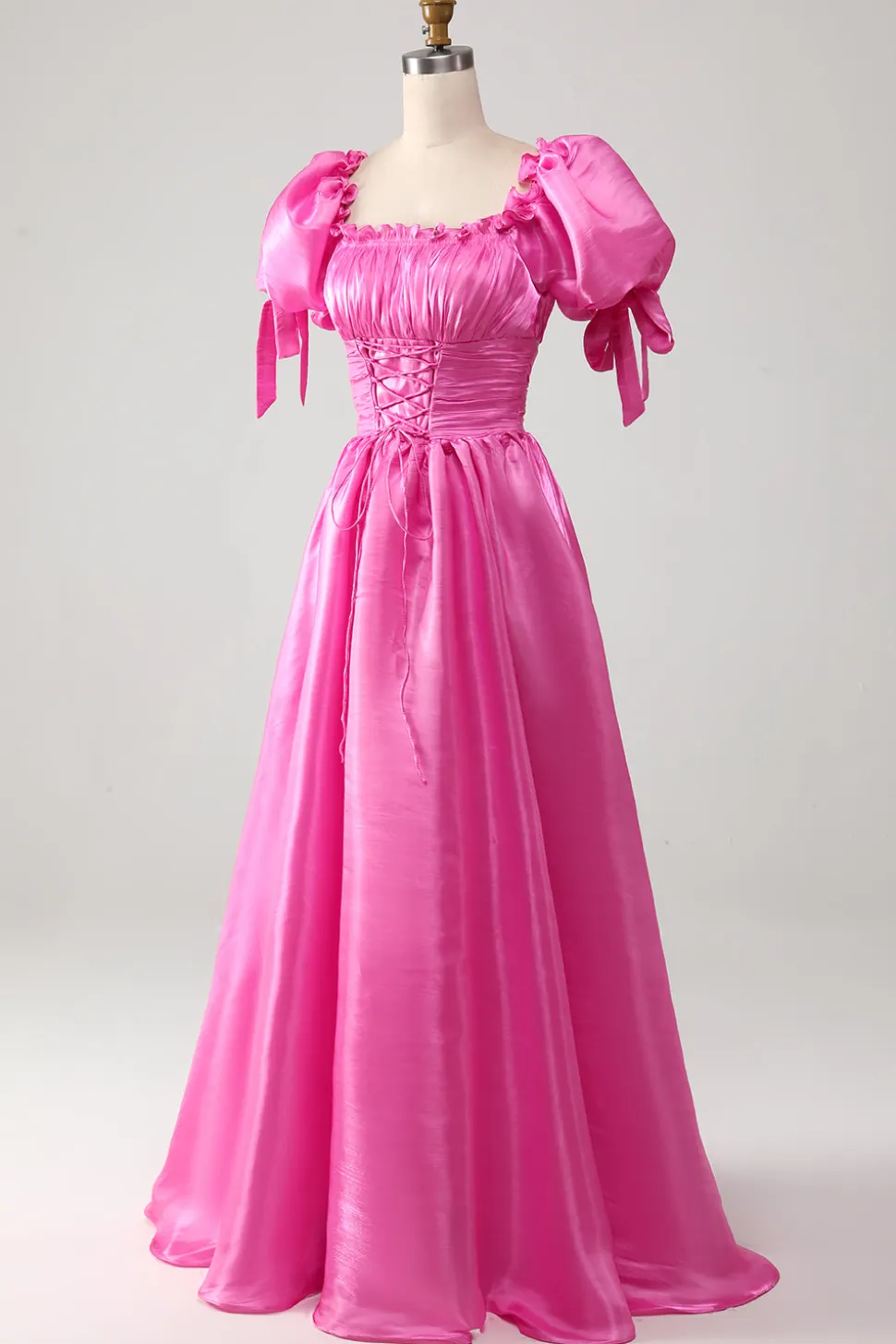 Mangas Puff Hot Pink Prom Dress com Folhos