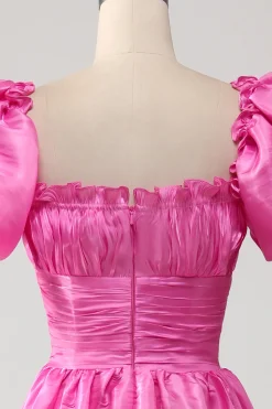 Mangas Puff Hot Pink Prom Dress com Folhos