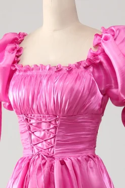 Mangas Puff Hot Pink Prom Dress com Folhos