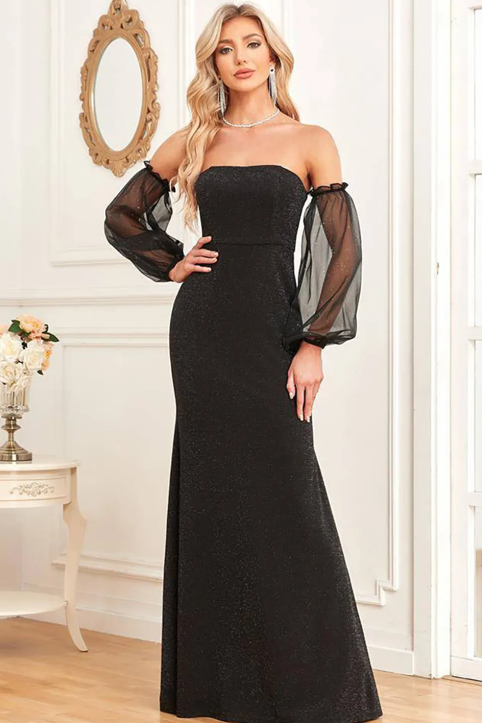 Mangas Removíveis Bainha Preta Vestido Formal Brilhante