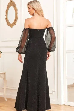 Mangas Removíveis Bainha Preta Vestido Formal Brilhante