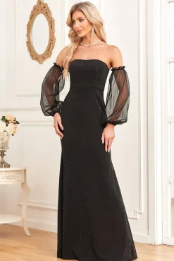 Mangas Removíveis Bainha Preta Vestido Formal Brilhante