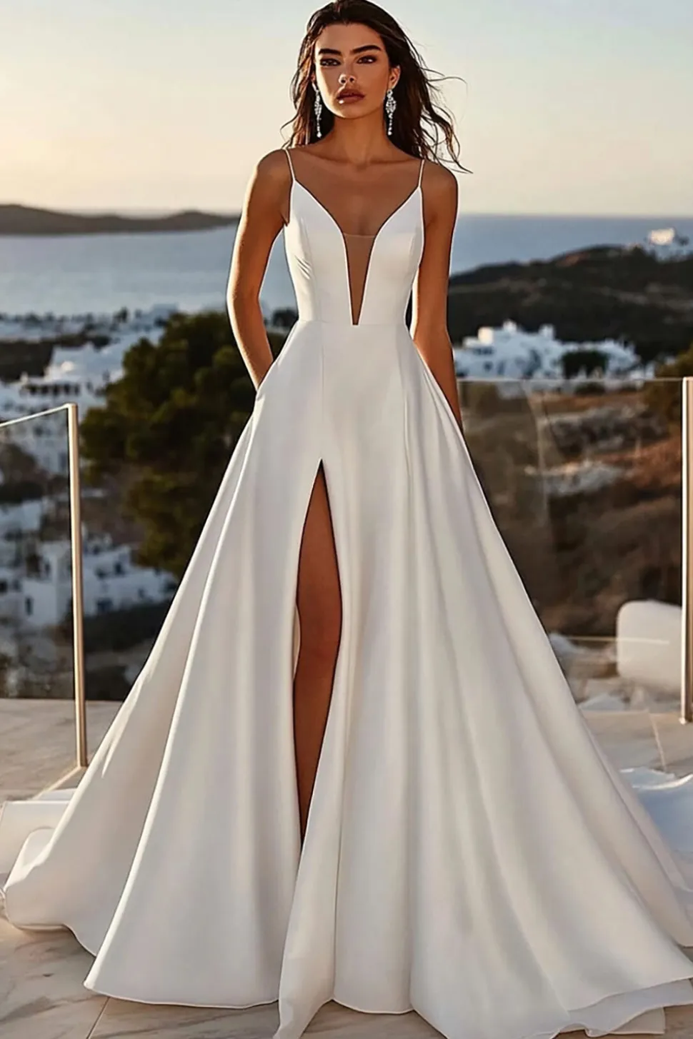Marfim Alças Finas De Baile/Princesa Longos Vestidos de Noiva com Fenda