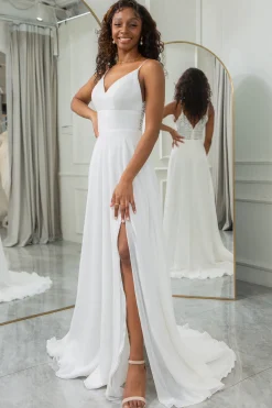 Marfim A-Line Chiffon Sweep Train Vestido de Noiva com Renda