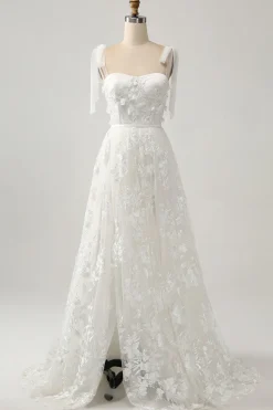 Marfim A-Line Espaghetti Correias Vestido de Noiva com Apliques