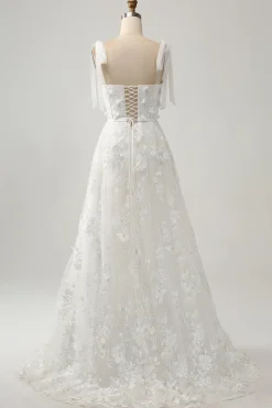 Marfim A-Line Espaghetti Correias Vestido de Noiva com Apliques