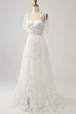 Marfim A-Line Espaghetti Correias Vestido de Noiva com Apliques
