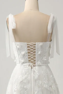 Marfim A-Line Espaghetti Correias Vestido de Noiva com Apliques
