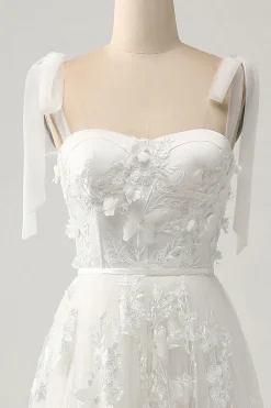 Marfim A-Line Espaghetti Correias Vestido de Noiva com Apliques