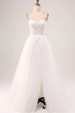 Marfim A-Line Esparguete Correias Corset Renda Tule Vestido de Noiva Longo