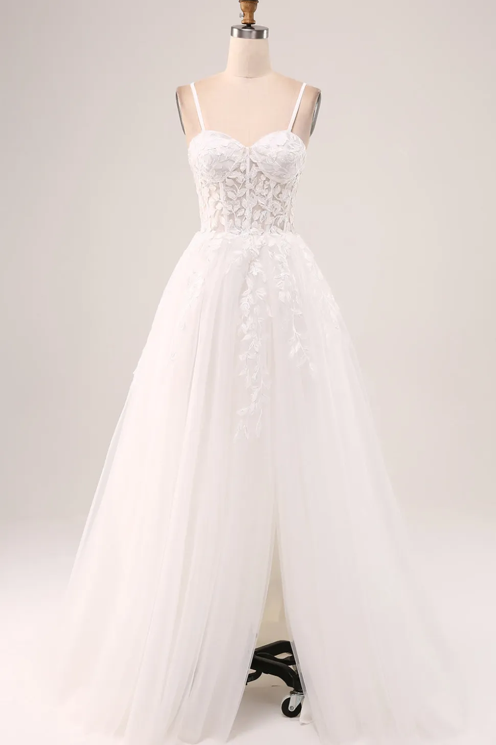 Marfim A-Line Esparguete Correias Corset Renda Tule Vestido de Noiva Longo