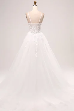 Marfim A-Line Esparguete Correias Corset Renda Tule Vestido de Noiva Longo