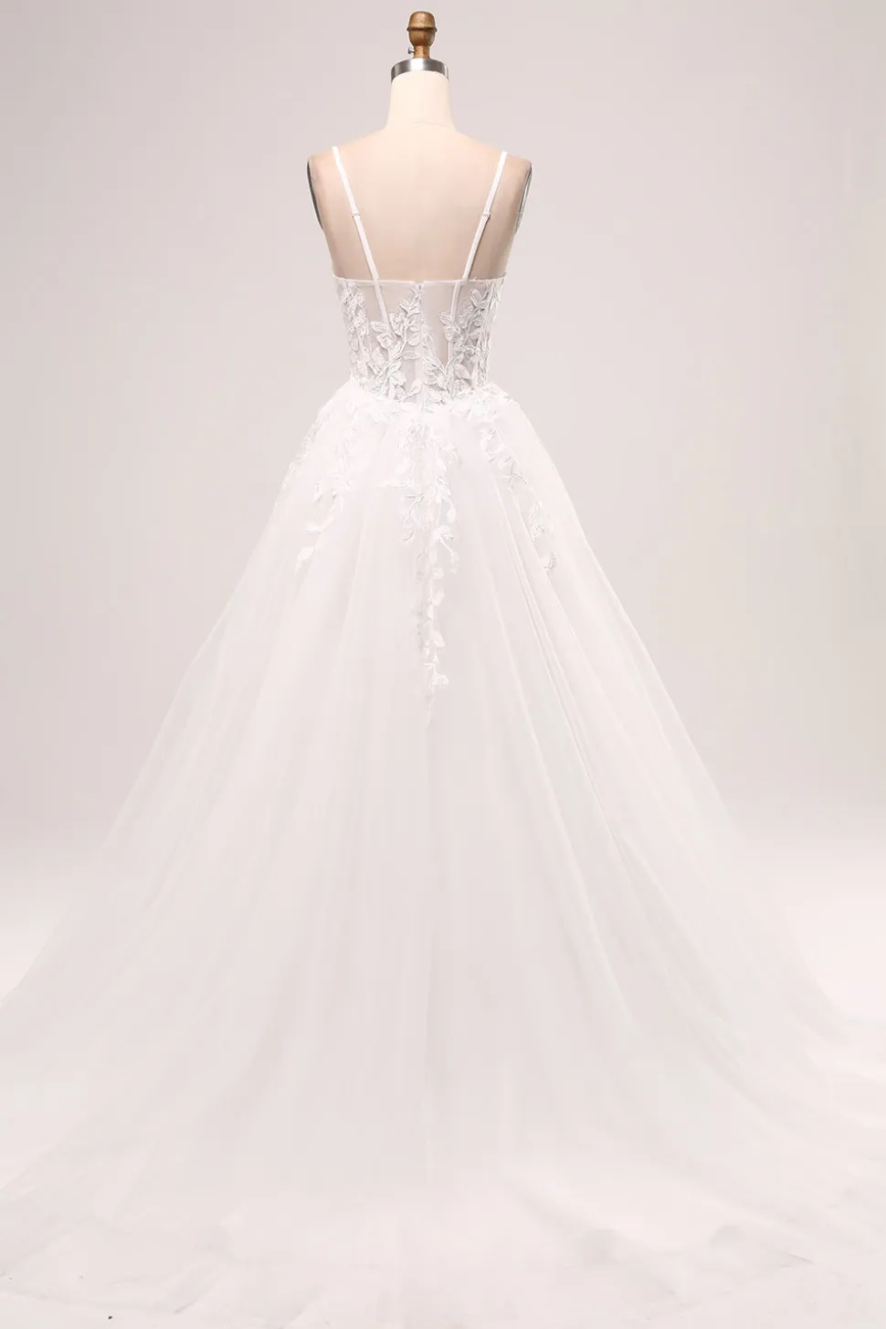 Marfim A-Line Esparguete Correias Corset Renda Tule Vestido de Noiva Longo