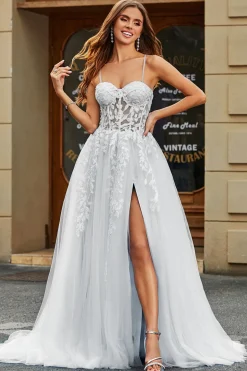 Marfim A-Line Esparguete Correias Corset Renda Tule Vestido de Noiva Longo