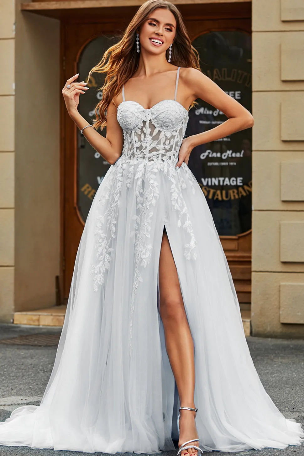 Marfim A-Line Esparguete Correias Corset Renda Tule Vestido de Noiva Longo