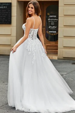 Marfim A-Line Esparguete Correias Corset Renda Tule Vestido de Noiva Longo