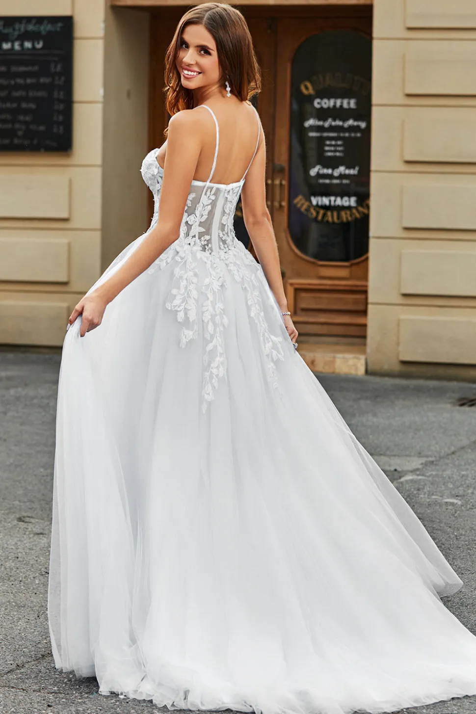Marfim A-Line Esparguete Correias Corset Renda Tule Vestido de Noiva Longo