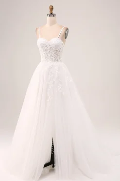 Marfim A-Line Esparguete Correias Corset Renda Tule Vestido de Noiva Longo