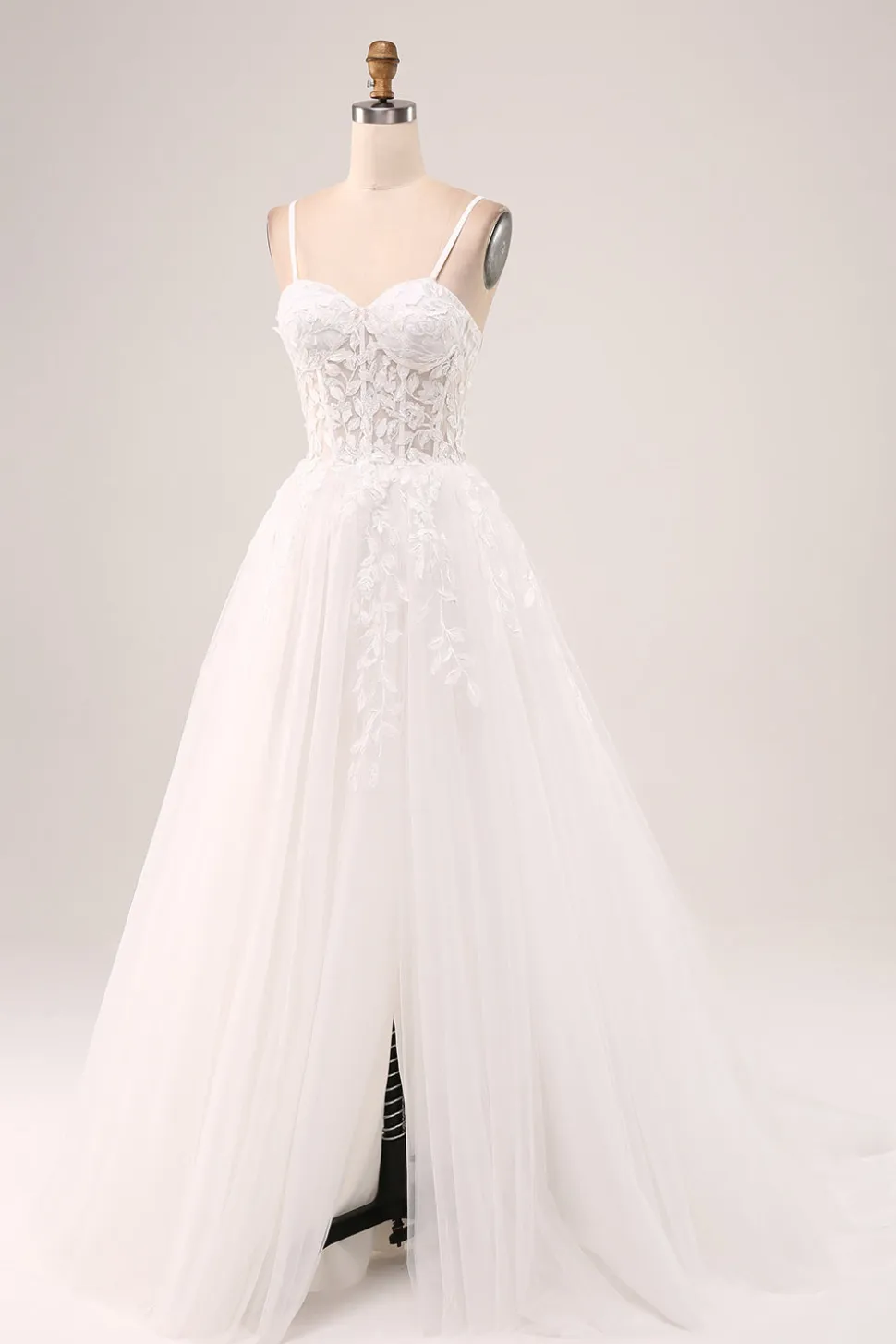 Marfim A-Line Esparguete Correias Corset Renda Tule Vestido de Noiva Longo