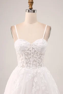 Marfim A-Line Esparguete Correias Corset Renda Tule Vestido de Noiva Longo