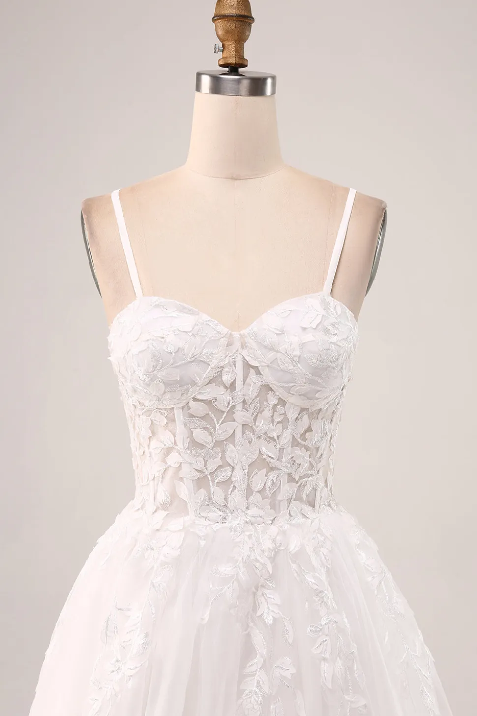 Marfim A-Line Esparguete Correias Corset Renda Tule Vestido de Noiva Longo
