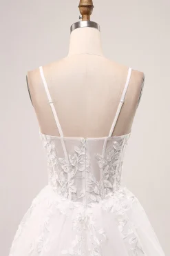 Marfim A-Line Esparguete Correias Corset Renda Tule Vestido de Noiva Longo