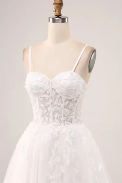 Marfim A-Line Esparguete Correias Corset Renda Tule Vestido de Noiva Longo