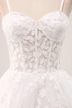 Marfim A-Line Esparguete Correias Corset Renda Tule Vestido de Noiva Longo