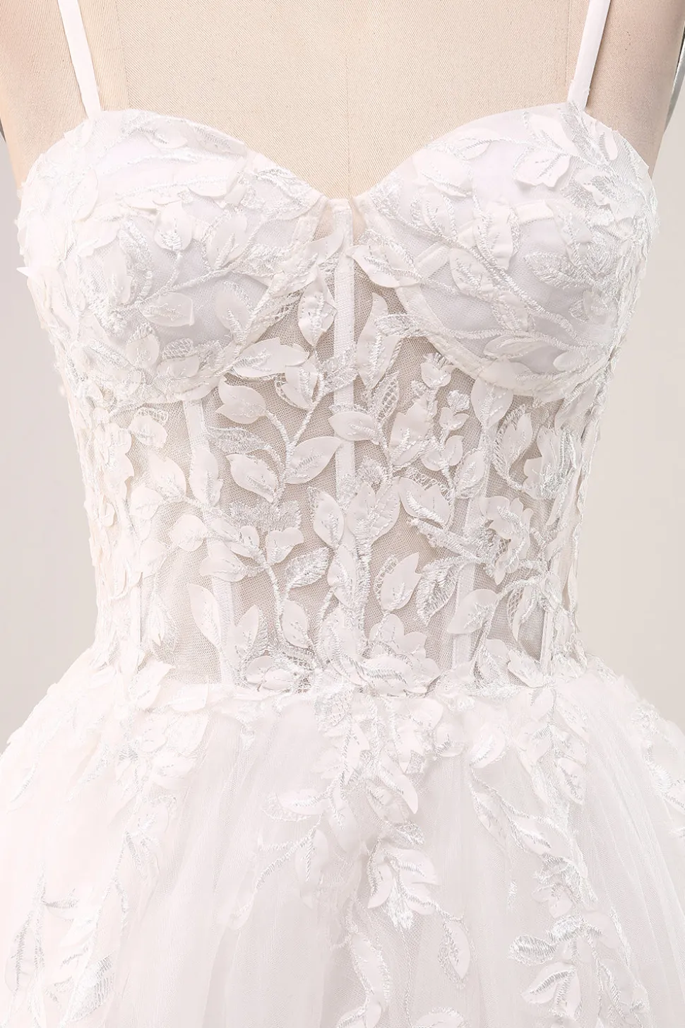 Marfim A-Line Esparguete Correias Corset Renda Tule Vestido de Noiva Longo