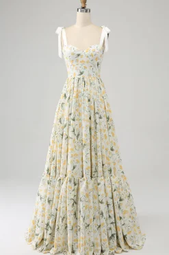 Marfim A-Line Floral Long Prom Dress