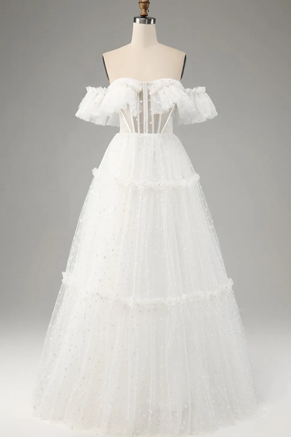 Marfim A-Line fora do ombro tule vestido de noiva