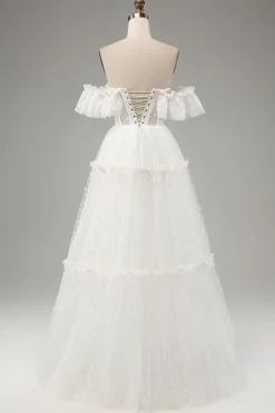 Marfim A-Line fora do ombro tule vestido de noiva