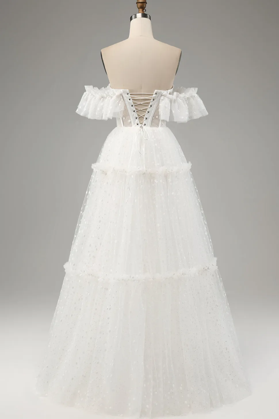 Marfim A-Line fora do ombro tule vestido de noiva