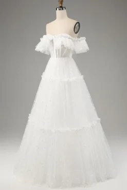 Marfim A-Line fora do ombro tule vestido de noiva